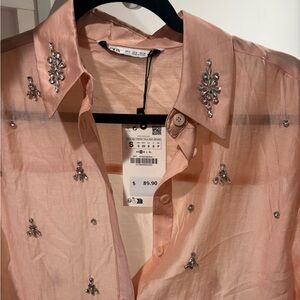 Zara Blush Pink Embellished Button Down Shirt